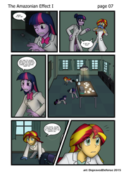 Size: 1000x1395 | Tagged: safe, artist:advanceddefense, artist:bluecarnationstudios, sci-twi, sunset shimmer, twilight sparkle, mouse, comic:the amazonian effect, equestria girls, clothes, comic, lab coat, patreon, searching