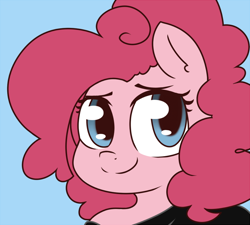 Size: 800x720 | Tagged: safe, artist:pink-dooples, pinkie pie, earth pony, pony, alternate hairstyle, baggy sweater, blue background, bust, clothes, cute, diapinkes, off shoulder, portrait, simple background, solo