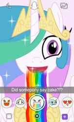 Size: 438x720 | Tagged: safe, artist:vinylbecks, princess celestia, alicorn, pony, female, mare, puking rainbows, rainbow, snapchat, snapchat filter, solo, vomiting