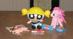 Size: 2401x1305 | Tagged: safe, artist:cheerbearsfan, pinkie pie, bubblegum, bubbles (powerpuff girls), food, gum, gummi intestines, hubba bubba, irl, photo, plushie, the powerpuff girls