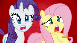 Size: 1920x1080 | Tagged: safe, screencap, fluttershy, rarity, pegasus, pony, unicorn, flutter brutter, discovery family logo, reaction image, shocked