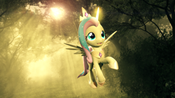 Size: 1920x1080 | Tagged: safe, artist:powdan, derpibooru import, 3d, flying, forest, shylestia, solo, sun, wallpaper