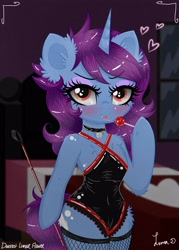 Size: 2500x3500 | Tagged: safe, artist:darkest-lunar-flower, derpibooru import, oc, oc only, semi-anthro, unicorn, candy, dominatrix, female, fishnet stockings, food, heart, heart eyes, latex, latex suit, lollipop, looking at you, mare, solo, suggestive eating, wingding eyes