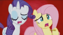Size: 400x222 | Tagged: safe, screencap, fluttershy, rarity, pegasus, pony, unicorn, flutter brutter, animated, discovery family logo, screaming