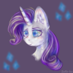 Size: 2000x2000 | Tagged: safe, artist:zefirka, rarity, pony, unicorn, bust, colored pupils, cutie mark background, ear fluff, female, mare, portrait, signature, solo