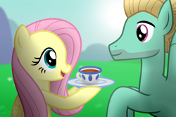 Size: 3048x2029 | Tagged: safe, artist:lil-lovey, fluttershy, zephyr breeze, pegasus, pony, flutter brutter, brother and sister, cup, duo, female, food, male, mare, siblings, stallion, tea, teacup