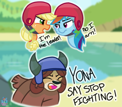 Size: 1369x1205 | Tagged: safe, artist:rainbow eevee, derpibooru import, applejack, rainbow dash, yona, earth pony, pegasus, pony, non-compete clause, angry, atg 2019, dialogue, female, fight, freckles, helmet, horns, lake, leader, mare, monkey swings, newbie artist training grounds, screaming, yelling