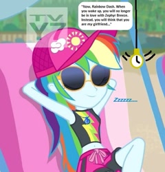 Size: 529x550 | Tagged: safe, derpibooru import, edit, edited screencap, editor:thomasfan45, screencap, rainbow dash, better together, equestria girls, lost and found, 1000 hours in ms paint, armpits, bare arms, beach, beach chair, belly button, bikini, cap, clothes, cropped, cute, description is relevant, eyes closed, female, geode of super speed, hat, hypnosis, hypnotized, implied shipping, implied zephyr breeze, legs, magical geodes, male, midriff, offscreen character, offscreen male, pendulum swing, pocket watch, relaxing, request, sand, shorts, sleeping, smiling, solo, speech bubble, story included, sun hat, sunglasses, swimsuit