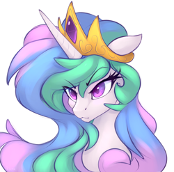 Size: 1920x1900 | Tagged: safe, artist:oksara, princess celestia, alicorn, pony, :3, :<, angry, bust, cute, cutelestia, female, floppy ears, frown, glare, heart eyes, mare, messy mane, simple background, solo, white background, wingding eyes