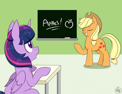 Size: 1800x1400 | Tagged: safe, artist:notenoughapples, applejack, twilight sparkle, twilight sparkle (alicorn), alicorn, earth pony, pony, chalkboard, fascinating, female, mare, that pony sure does love apples