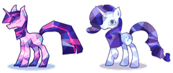 Size: 1024x436 | Tagged: safe, artist:misselizarose, derpibooru import, rarity, twilight sparkle, pony, unicorn, duo, duo female, female, mare, multicolored mane, purple coat, purple mane, white coat