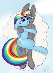 Size: 2200x3000 | Tagged: safe, artist:lesenka, derpibooru import, rainbow dash, oc, oc:dark rainbow, pegasus, pony, backwards cutie mark, canon x oc, cloud, commission, cute, female, lying on a cloud, male, mare, on a cloud, sleeping, smiling, stallion, straight, tongue out