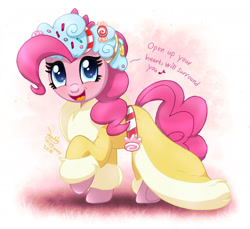 Size: 1750x1600 | Tagged: safe, artist:joakaha, pinkie pie, earth pony, pony, a hearth's warming tail, clothes, cute, dialogue, diapinkes, lyrics, open mouth, signature, singing, solo, spirit of hearth's warming presents