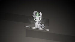 Size: 2560x1440 | Tagged: safe, artist:ext109, artist:lahirien, derpibooru import, sweetie belle, grayscale, looking at you, magic, monochrome, simple background, sitting, smirk, vector, wallpaper