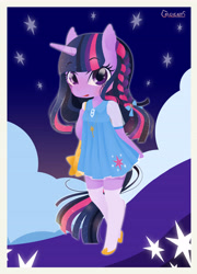 Size: 3759x5221 | Tagged: safe, artist:catseyeart, derpibooru import, twilight sparkle, anthro, blushing, bow, braid, clothes, cute, cutie mark, dress, hair bow, looking at you, pixiv, socks, solo, stars, twiabetes