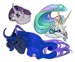 Size: 1280x1067 | Tagged: safe, artist:nekokote, princess celestia, princess luna, rarity, alicorn, pony, unicorn, alternate design, beard, by celestia's beard, facial hair, multiple horns, teeth