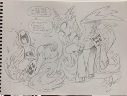 Size: 1024x768 | Tagged: safe, artist:andypriceart, princess celestia, princess luna, alicorn, pony, andy you magnificent bastard, angry, celestia is not amused, duo, female, grayscale, hoofprints, kick me, laughing, mare, monochrome, ouch, pencil drawing, pointing, prank, princess luna is amused, this will end in tears and/or a journey to the moon, traditional art, trolluna, unamused, uvula, varying degrees of amusement