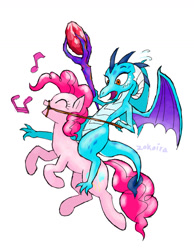 Size: 901x1161 | Tagged: safe, artist:zokoira, dragon lord ember, pinkie pie, princess ember, dragon, pony, bloodstone scepter, dragons riding ponies, reins, riding, singing