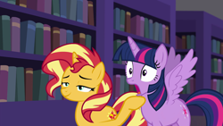 Size: 1280x720 | Tagged: safe, edit, edited screencap, screencap, sunset shimmer, twilight sparkle, twilight sparkle (alicorn), alicorn, better together, equestria girls, forgotten friendship, book, bookgasm, bookshelf, canterlot library, jaw drop, library, shocked, smiling, smugset shimmer, spread wings, that pony sure does love books, wingboner, wings