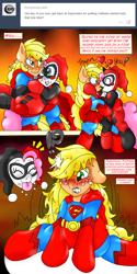 Size: 1601x3200 | Tagged: safe, artist:blackbewhite2k7, applejack, pinkie pie, earth pony, pony, app-el, applepie, ask, comic, commission, crossover, female, fire, harley quinn, kissing, kryptonite, lesbian, lipstick, prank, rescue, shipping, superman, supermare, tongue out, tumblr