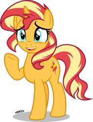 Size: 3060x4000 | Tagged: safe, artist:orin331, sunset shimmer, pony, unicorn, absurd resolution, concerned, cutie mark, female, high res, mare, open mouth, raised hoof, simple background, solo, transparent background