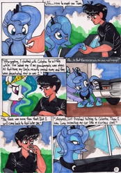 Size: 1385x1993 | Tagged: safe, artist:newyorkx3, princess celestia, princess luna, oc, oc:tommy, human, comic:young days, behaving like a cat, car, comic, dialogue, s1 luna, smoking