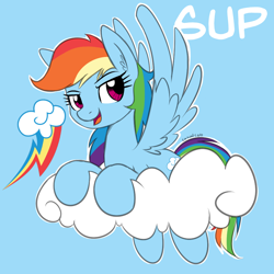 Size: 900x900 | Tagged: safe, artist:casualcolt, derpibooru import, rainbow dash, pegasus, pony, blue background, cloud, cute, cutie mark, dashabetes, ear fluff, female, mare, on a cloud, open mouth, simple background, solo, spread wings, sup, wings