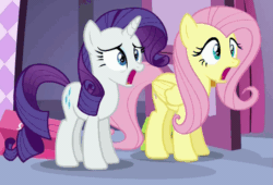Size: 703x477 | Tagged: safe, screencap, fluttershy, rarity, pegasus, pony, unicorn, flutter brutter, animated, jaw drop, loop