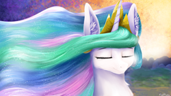 Size: 1920x1080 | Tagged: safe, artist:finalaspex, princess celestia, alicorn, pony, bust, eyes closed, morning, raising the sun, smiling, wallpaper