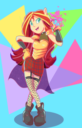 Size: 2026x3167 | Tagged: safe, artist:pettypop, sunset shimmer, equestria girls, abstract background, armor, clothes, female, fishnet stockings, leggings, ponied up, promare, shoes, solo