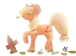 Size: 1350x1000 | Tagged: safe, artist:bunnzee, applejack, earth pony, pony, eyes closed, mouth hold, raised hoof, simple background, smiling, solo, straw