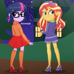 Size: 2000x2000 | Tagged: safe, artist:artmlpk, sci-twi, sunset shimmer, twilight sparkle, equestria girls, adorkable, alternate hairstyle, beautiful, clothes, cosplay, costume, cute, daphne blake, detectives, digital art, dork, duo, female, house, jujutsuka, kung fu fighters, looking back, martial artists, night, scientist, scooby doo, shimmerbetes, short hair, socks, tree, twiabetes, velma dinkley