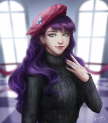 Size: 3500x4000 | Tagged: safe, artist:hammysan, rarity, human, sweet and elite, absurd resolution, beatnik rarity, beret, clothes, female, hat, humanized, nail polish, ring, smiling, solo, sweater, turtleneck