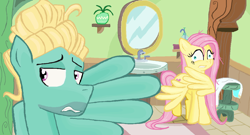 Size: 1260x679 | Tagged: safe, artist:sallycars, fluttershy, zephyr breeze, pegasus, pony, flutter brutter, bathroom, brother and sister, embarrassed, female, male, mare, ms paint, siblings, stallion, towel, we don't normally wear clothes, wet mane