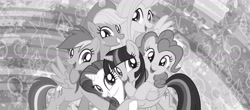 Size: 3091x1356 | Tagged: safe, derpibooru import, applejack, fluttershy, pinkie pie, rainbow dash, rarity, twilight sparkle, twilight sparkle (alicorn), alicorn, earth pony, pegasus, pony, unicorn, rainbow roadtrip, grayscale, group hug, hug, mane six, monochrome, official