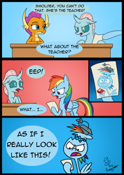 Size: 2480x3508 | Tagged: safe, artist:noidavaliable, derpibooru import, ocellus, rainbow dash, smolder, pegasus, pony, school daze, angry, big fat meanie, desk, drawing, egghead, egghead dash, funny, mrs. puff, new student starfish, professor egghead, silly, spongebob squarepants, this will end in tears