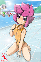 Size: 1000x1500 | Tagged: safe, artist:ryured, rarity, scootaloo, spike, sweetie belle, human, clothes, heartbreak, human spike, humanized, one-piece swimsuit, swimming pool, swimsuit, thought bubble, wet