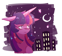 Size: 1579x1414 | Tagged: safe, artist:chiptoony, derpibooru import, twilight sparkle, city, floppy ears, night, partial background, solo, tired