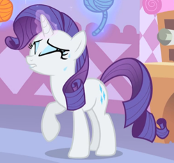 Size: 379x355 | Tagged: safe, screencap, rarity, pony, unicorn, stare master, cropped, female, levitation, lip bite, magic, mare, raised hoof, solo, telekinesis, yarn, yarn ball