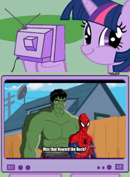 Size: 676x925 | Tagged: safe, derpibooru import, twilight sparkle, exploitable meme, howard the duck, meme, obligatory pony, phineas and ferb, spider-man, the incredible hulk, tv meme