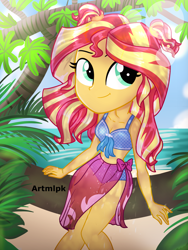 Size: 1536x2048 | Tagged: safe, artist:artmlpk, sunset shimmer, equestria girls, adorable face, adorkable, alternate hairstyle, beach, beautiful, bikini, clothes, cute, digital art, dork, female, front knot midriff, island, looking at you, looking up, midriff, ocean, pigtails, plant, sarong, shimmerbetes, sitting, smiling, smiling at you, solo, swimsuit, tree, tree branch, vacation