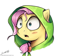 Size: 5060x4500 | Tagged: safe, artist:silverhopexiii, fluttershy, pegasus, pony, absurd resolution, bust, clothes, hoodie, ponytail, portrait, scared, signature, simple background, solo, white background, wide eyes