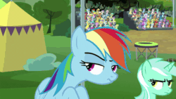 Size: 800x450 | Tagged: safe, derpibooru import, edit, edited screencap, screencap, bon bon, lyra heartstrings, rainbow dash, sweetie drops, earth pony, pegasus, pony, unicorn, the washouts (episode), animated, confused, cotton candy, crowd, female, food, grass, helping, mare, open mouth, popcorn, reversed, snacks, summoning, tent