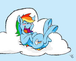Size: 1744x1392 | Tagged: safe, alternate version, artist:lucas_gaxiola, derpibooru import, rainbow dash, pegasus, pony, blushin, cloud, eyes closed, female, laughing, mare, on a cloud, on back, open mouth, signature, solo, underhoof