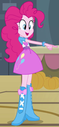 Size: 411x878 | Tagged: safe, screencap, pinkie pie, equestria girls, balloon, boots, bracelet, clothes, high heel boots, jewelry, pumpkin, skirt, solo
