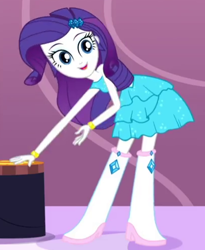 Size: 406x496 | Tagged: safe, screencap, rarity, eqg summertime shorts, equestria girls, make up shake up, bent over, boots, clothes, cropped, dress, fall formal outfits, high heel boots, shoes, solo