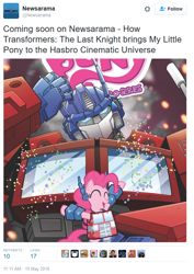 Size: 592x836 | Tagged: safe, pinkie pie, meta, optimus prime, transformers, transformers 5, transformers the last knight, twitter