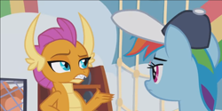 Size: 1232x616 | Tagged: safe, derpibooru import, screencap, rainbow dash, smolder, dragon, pegasus, pony, 2 4 6 greaaat, claws, coach, coach rainbow dash, duo, fangs, female, folded wings, hat, horns, mare, raised eyebrow, wings