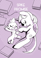 Size: 1200x1709 | Tagged: safe, artist:pash_hn, derpibooru import, spike, twilight sparkle, twilight sparkle (alicorn), alicorn, dragon, pony, female, mare, monochrome, pixiv, sleeping