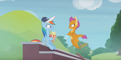 Size: 1229x616 | Tagged: safe, derpibooru import, screencap, rainbow dash, smolder, dragon, pegasus, pony, 2 4 6 greaaat, annoyed, coach, coach rainbow dash, coaching cap, cute, duo, female, flapping, food, glare, horns, mare, popcorn, puffy cheeks, smolder is not amused, spread wings, whistle, whistle necklace, wings